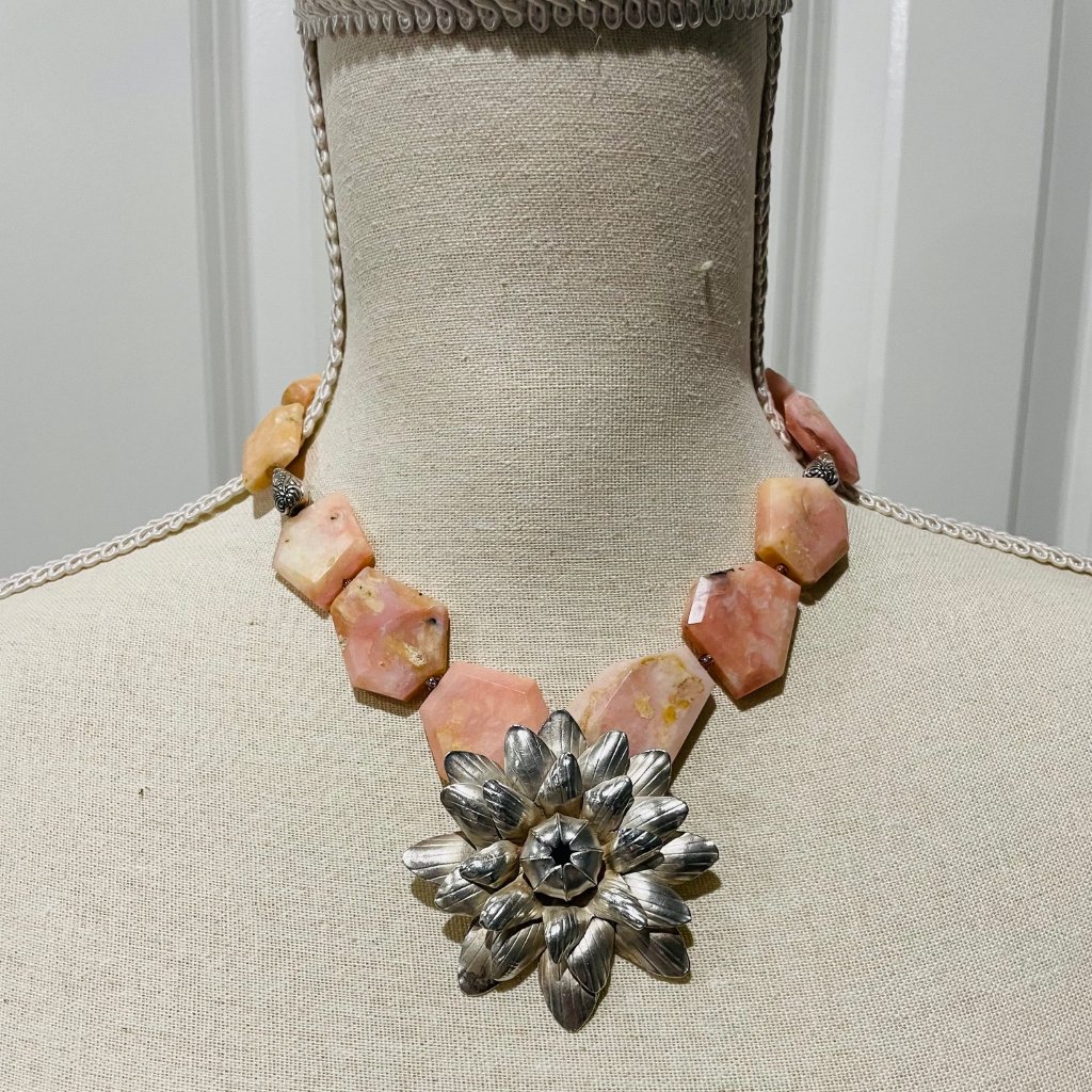 Silver Flower Medallion And Rose Quartz Necklace